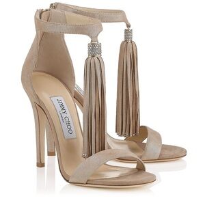 Jimmy Choo Viola Crystal Embellished Tassel Metallic Suede Heel Sandals 39.5